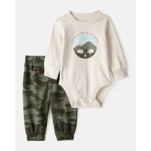 Baby Boy Camping Camo Cotton Long-Sleeve Bodysuit & Pant Set - Green/Beige | Carter's
