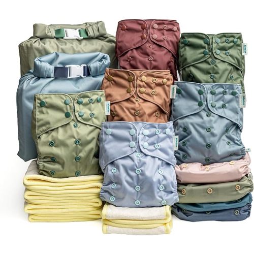 Kinder Cloth Diapers Reusable Baby Diapers Pocket Style Athletic Wicking Jersey, Bamboo Viscose Inserts, Wet Bag, Newborn to Potty Training 7-60lbs, One Size (Coastal Calm, 10 Pack, with Inserts)