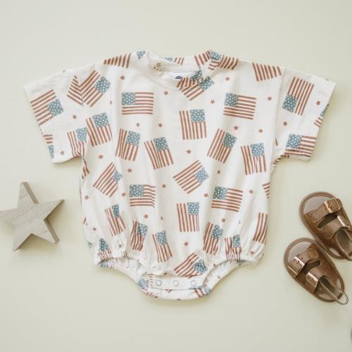 Little Joy Co. Blanks PREORDER 4th of July Flag Print T-Shirt Bubble Romper - 12-18 months