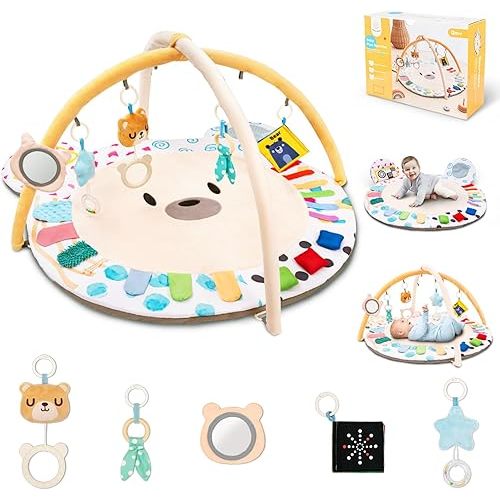 Baby Play Gym, Thickened and Non Slip Activity Mat, 5 Developmental Zones Tummy Time Mat with 5 Detachable Sensory Toys for Motor Skills, Baby Essentials Shower Gift Box(Bear)