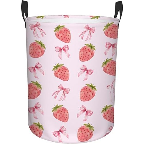Strawberry Laundry Hamper, Waterproof Laundry Basket for Bedroom, 43L Collapsible Round Storage Bin with Handles for Toys, Storage Basket for Boys Girls, Strawberry Bathroom Decor 13.8x17.7 in