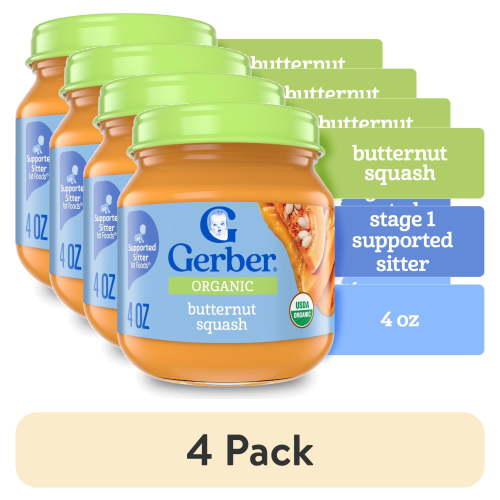 (4 pack) Gerber Stage 1 Baby Food, Organic Butternut Squash Jar, Vegetable, Non-GMO, Baby Puree