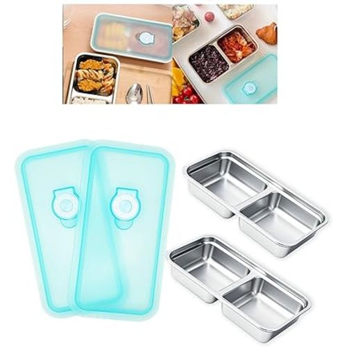 2pcs Grab and Go Snack Containers Stainless Steel, Reusable Snack Condiment Containers with Lids, Double Compartment Food Lunch Meal Container Prep for Travel, Small Packs Container