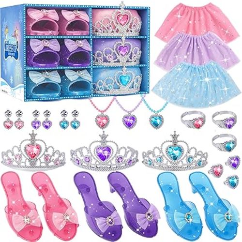 Princess Costume For Girls, Princess Dress Up For Girls 4-6 Years Old, Toddler Dress Up Toys with Tiara, Shoes & Jewelry for Girl Birthday Gift