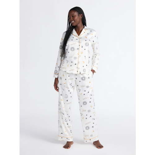 Joyspun Women’s Stretch Satin Notch Long Sleeve Top and Pants Pajama Set, 2-Piece, Sizes XS-3X