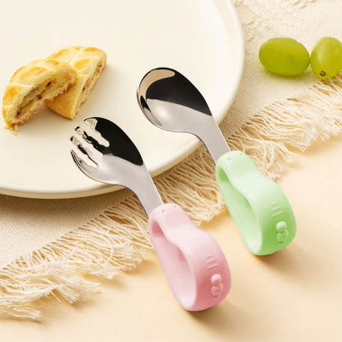Ikohbadg Baby Feeding Spork, Stainless Steel Short Handle One Year Old Baby Spork, Learn & Train Cute Design Children's Self-Feeding Spoon and Fork Set