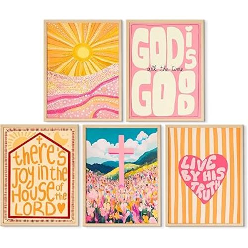5pcs Orange Trendy Christian Wall Art Retro Boho Bible Verse Canvas Prints Colorful Faith Wall Decor Cute Preppy Scripture Pictures Painting For Teen Girls Church Youth Group 8x10in Unframed Poster