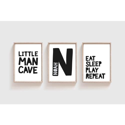 3 Boys Nursery Prints, Little Man Cave, Monochrome Name Print, Boys Nursery Wall Art, Boys Bedroom Prints, Boys Bedroom Decor, Boys Wall Art