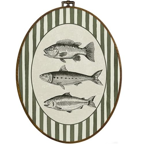 dvhdajed Vintage Fishing Hunting Oval Wall Art Decor, Wood land Cabin Lake Fish Framed Canvas Art, Farmhouse Fish Decorations, Rustic Green Striped Wall Hanging Decor for Boys Room Bedroom, 8.7x11.3