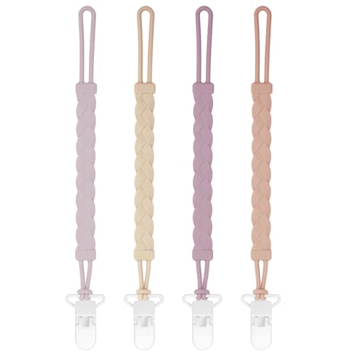 Stylish Silicone Pacifier Clips, 4-Pack Pacifier Holder with Flexible Woven Rope Design, 100% Food Grade Silicone, Easter Safe Essentials for Newborns Baby Boys and Girls