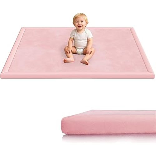Baby Play Mat for Floor, 1.3'' Thick Memory Foam Tummy Time Mat - Super Soft Coral Velvet Nursery Rug with Non-Slip Backing, Crawling Rug for Toddlers/Infants, Yoga & Tatami Use, Light Pink, 50''x50''