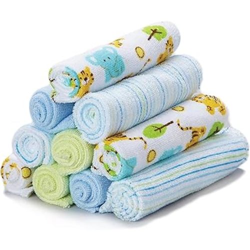 Spasilk 10 Pack Soft Terry Bath Washcloths – Newborn Boy or Girl, Blue Tiger