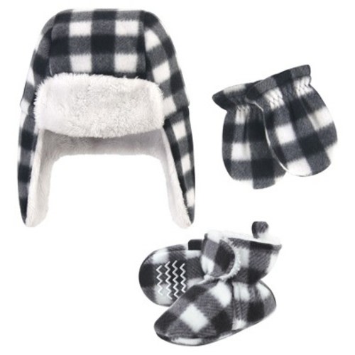 Hudson Baby Trapper Hat, Mitten and Bootie Set, Black White Plaid, 0-6 Months