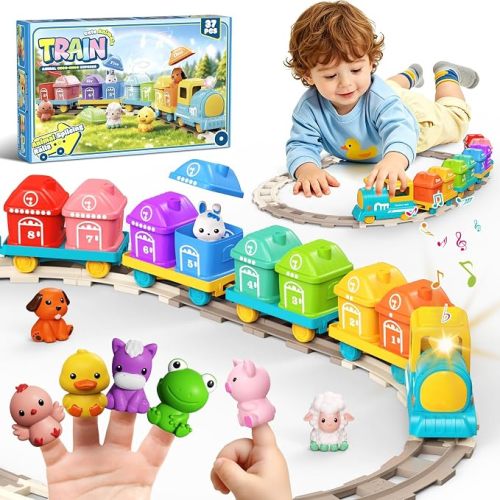 Train Set Toy for Toddlers 2-4 Montessori Learning Matching & Sorting Toys | Electric Train with Farm Animals Finger Puppets, Christmas Birthday Gift for Boys Girls