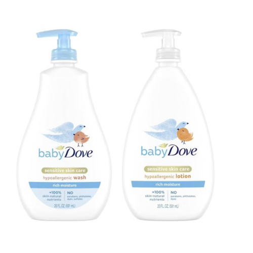 Baby Dove Rich Moisture Sensitive Skin Scented Hypoallergenic Lotion 20 fl oz + 20 fl oz Baby Wash & Shampoo