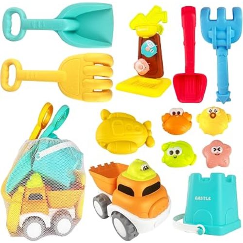 IOKUKI Sand Toys with Mesh Bag Including Dump Truck, Sand Water Wheel, Beach Buckets, Shovels, Rakes, Molds, Outdoor Beach Toys Tool Kit for Kids, Toddlers, Boys and Girls (13 PCS) Age 3+