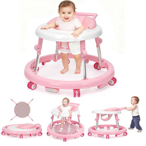 Poit Baby Walker, One-Touch Foldable with 360° Wheels, 9 Adjustable Heights, Portable for Infants 6-18 Months, Non-Slip & Stable for Hardwood Floors, Pink