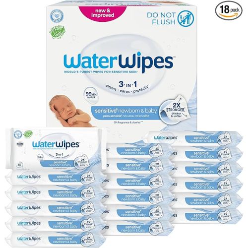 WaterWipes Sensitive+ Newborn & Baby Wipes, 3-In-1 Cleans, Cares, Protects, 99.9% Water, Unscented & Hypoallergenic, 540 Count (9 Packs)