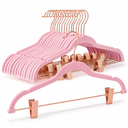 ACSTEP 24 Pack Velvet Pants Hangers with Adjustable Clips, Non-Slip Slim Skirt Hangers for Pants, Jeans, Dresses & Closet Organization, Pink
