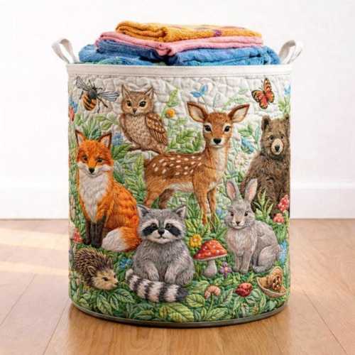 Animal Quilted Laundry Basket, Woodland Fox & Deer Design, Decorative Storage for Home, Laundry Room Organizing Basket