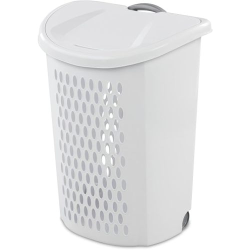 White Rolling Laundry Hamper with Wheels, 2-Bushel Large Capacity Ventilated Plastic Hamper with Lid & Retractable Handle, Portable Laundry Basket for Dorms, Apartments and Bedrooms