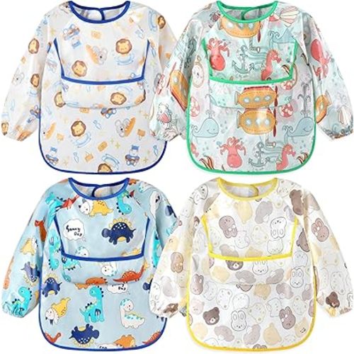 Accmor 4pcs Long Sleeve Baby Bibs, Waterproof Sleeved Bibs for Eating Feeding, Toddler Boys Girls Smock Bibs