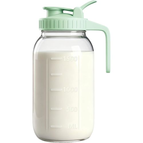 64oz Glass Breast Milk Pitcher with Lid & Pour Spout, 2 Quart Airtight Leakproof BreastMilk Fridge Storage Container - Wide Mouth, Dishwasher Safe Formula Pitcher with Handle
