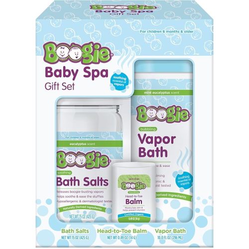 Boogie Spa Kit, Includes Boogie Kids Bath Salts, Eucalyptus, 15 oz (Pack of 1) Vapor Bath 10 Fl oz (Pack of 1) Chest Rub Stick 0.49 oz (Pack of 1)