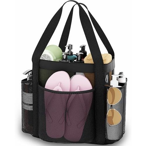 YASONIC Mesh Shower Caddy Portable for Dorm College Room Essentials, 8-Pocket Large Shower Bag with Double Handles, Hanging Shower Basket for Beach, Swimming, Bathroom, Beach, Camp, Gym, Black