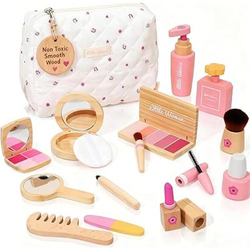 Wooden Pretend Makeup Kit for Toddlers: Non Toxic Mess Free Play Makeup Toy Set for 1 2 3 Year Old Girls - Perfect Toddler Montessori Toys Christmas Birthday Gift Ideas