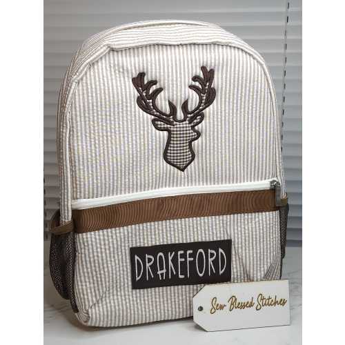 Personalized Seersucker Backpack: Deer Applique Monogram Diaper Bag