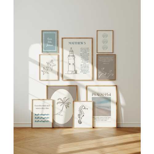 Christian Wall Art Gallery Blue Coastal, Bible Verse Prints, Digital Download