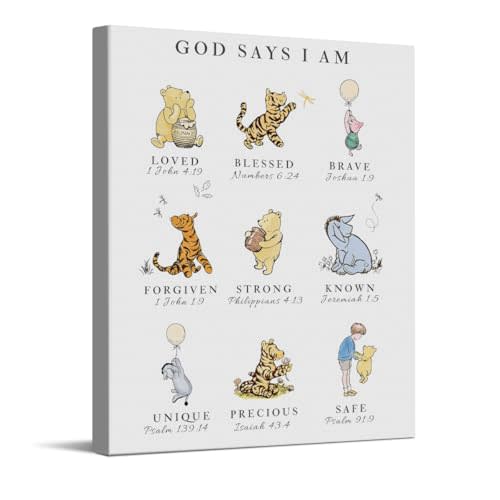 CYFDYVT Classic Winnie the Pooh Inspirational Quote Wall Art God Says I AM Biblical Affirmation Canvas Painting Pictures Wall Decor For Home Nursery Kids' room Sign Artwork Ready to Hang 8x10 Inch