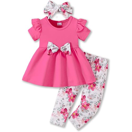 Doresbebe Baby Girl Clothes Toddler Girl Outfits Infant Girl Summer Clothes for Girl Ruffle Shirt Pants+Cute Headband 3PCS