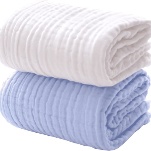 Baby Muslin Bath Towels, Super Soft Absorbent 100% Cotton Blanket, Multi-Use Swaddle Receiving Blanket for Newborns, Toddlers, Kids & Adults, Baby Shower Gift, 2 Pack, Large 41.5x41.5 in(White+Blue)