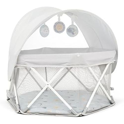 My Play Baby Portable Infant Bassinet, Indoor Outdoor UPF 50+ Canopy, Mesh Sides, 29x14 Inches, Foldable Travel Playard with Toys, Padded Base, Newborn to 15 Pounds