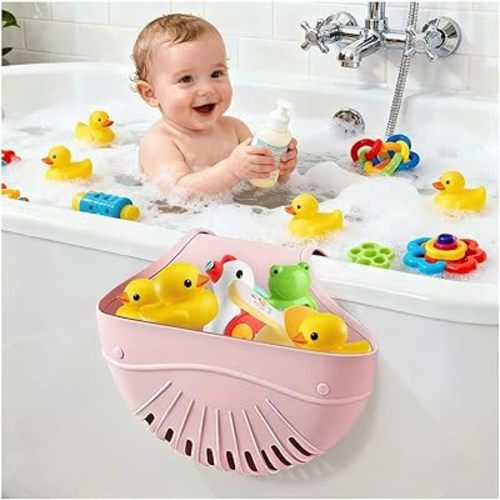 Silicone Bath Toy Organizer for Tub, Flexible 2-Compartment Bathtub Storage Basket for Kids & Adults, Drainable Toy Holder and Foldable Shower Caddy for Bathroom Essentials（Pink）