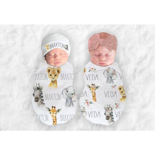 Animal Safari Baby Nursery Jungle Personalize Baby Blanket Baby Girl Blanket Baby Boy Blanket Twins Swaddle Baby Shower Gift Name Blanket