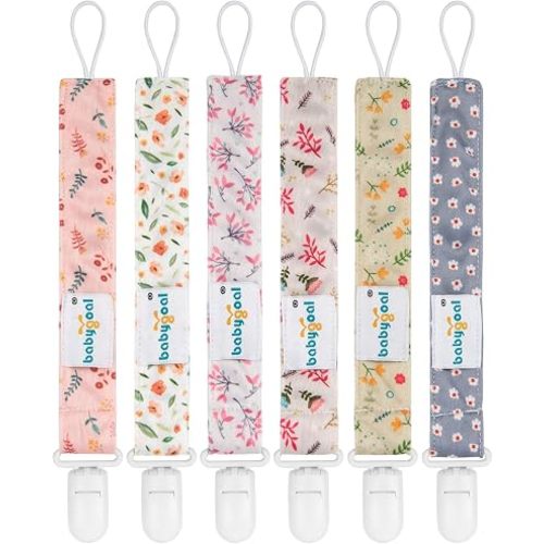 babygoal Floral Pacifier Clips, 6 Pack Binky Paci Holder Clips Leashes Fits for Most Baby Pacifiers and Binkies