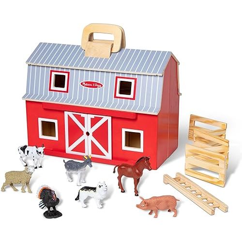 Melissa & Doug Fold and Go Wooden Barn with 7 Animal Play Figures - Farm Animals Barn Toy, Portable Toys, Farm Toys for Kids and Toddlers Ages 3+