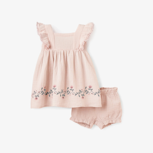 Blush Embroidered Organic Muslin Dress w/Blmr – Elegant Baby