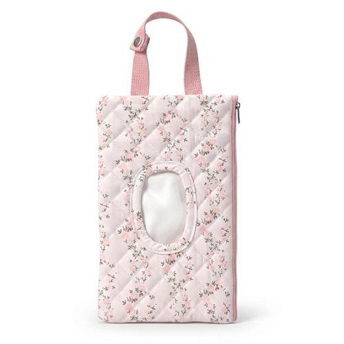 Quilted Diaper Wipe Pouch Hanging Floral Wet Wipes Bag Reusable Fabric Cover with Zipper & Lanyard for Car Daily Casual Travel Mommy Bag (C)