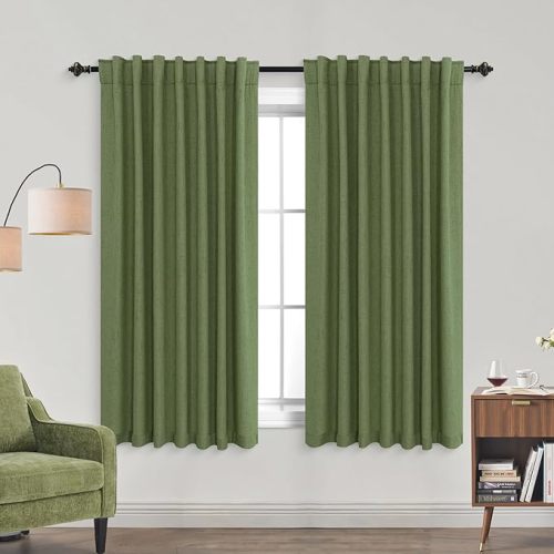 KOUFALL Bathroom Window Curtain,Short Boho Rustic Linen Moss Olive Green Blackout Curtains for Bedroom