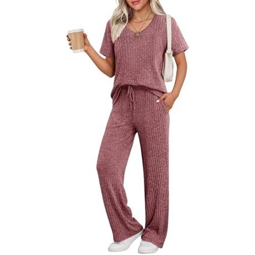 Ekouaer Womens Ribbed Knit Lounge Set Short Sleeve Top and Long Pants Sleepwear Pajama Set Two Piece Matching Outfits Set