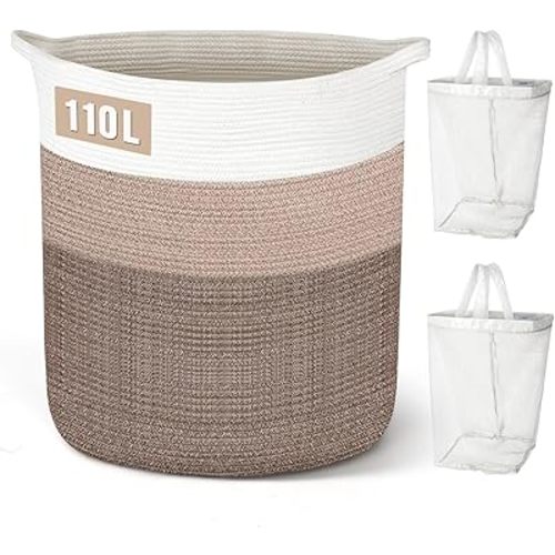 Large Woven Laundry Basket, 110L Cotton Rope Laundry Hamper for Dorm Bathroom, Collapsible Dirty Clothes Blanket Basket, Storage Toy Bins for Baby Kids, Gradient Brown