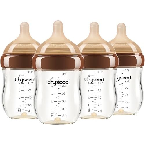 Thyseed Anti-Colic Glass Baby Bottle for Breastfed Infants, Natural Feeding, Breast-Like Newborn Extra Slow Flow Nipple (0m+), 5 oz, 4 Pack