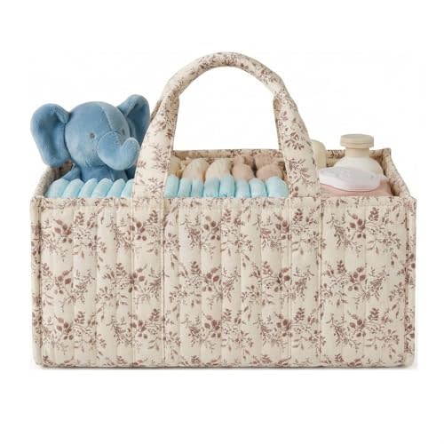 Quilted Fabric Storage Basket Floral Baby Diaper Caddy Quilted Basket Organizer for Newborn Nursery Bedroom Car Storage