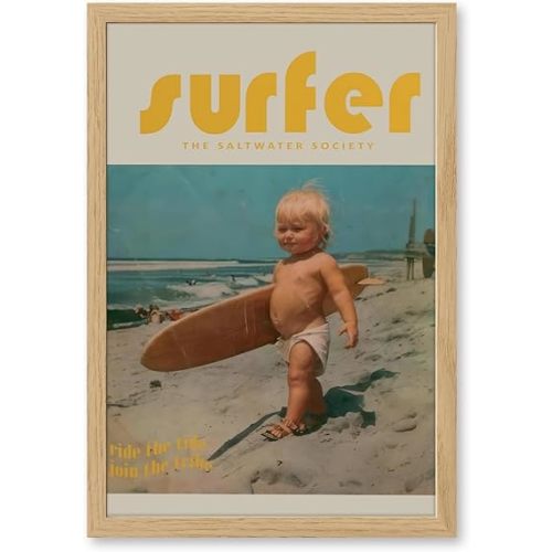 Vintage Surfer Magazine Baby with Surfboard Poster Framed Canvas Print Retro Funky Wall Art Art Print Pictures Wall Decor Cute Home Decoration for Living Room Dorm Room12x16inch Wood color pvc frame