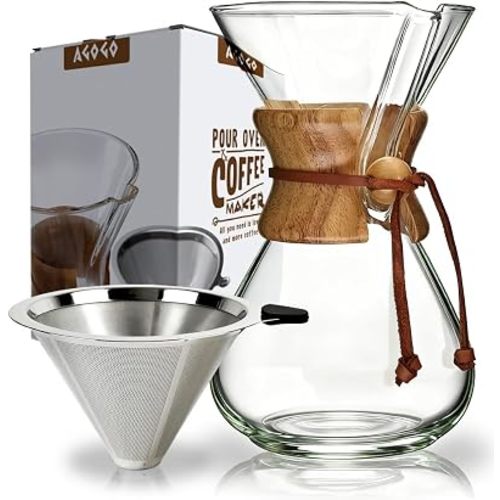 AGOGO Glass Pour Over Coffee Maker, 34oz Classic, Stainless Filter