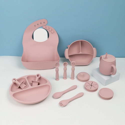 Silicone Children's Tableware Set Baby Feeding Supplementation Tableware Slipper Sucker Bowl Spoon Dinner Plate Bib 15 Piece Set-pink